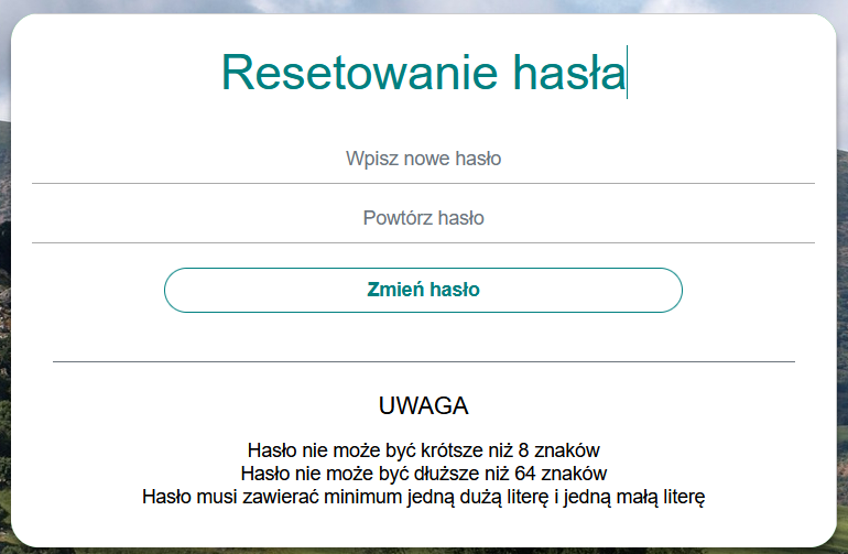 Widok okna ustawiania nowego hasła