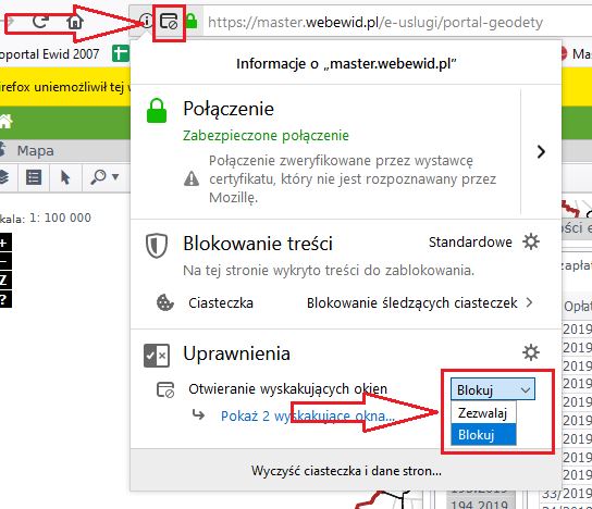 Widok fragmentu okna przeglądarki z zaznaczonym na czerwono miejscem wejścia do opcji zezwalania na otwieranie wyskakujących okienek