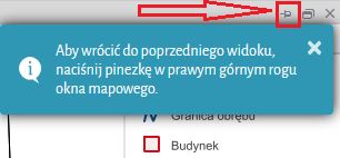 Widok okna z informacją o lokalizacji pinezki z zaznaczonym czerwoną strzałką miejscem jej położenia