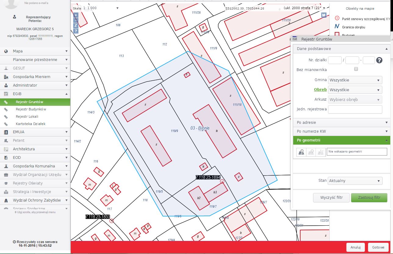 Widok fragmentu mapy oraz okna wskazywania działki przez zadanie geometrii