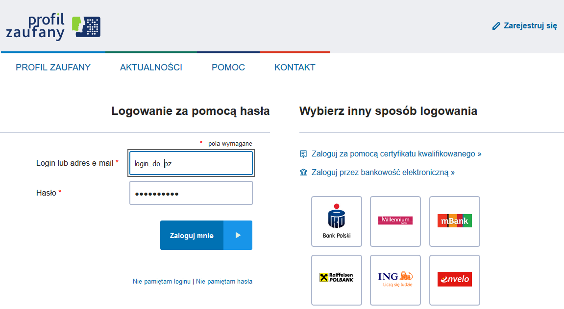 Widok okna logowania do profilu zaufanego