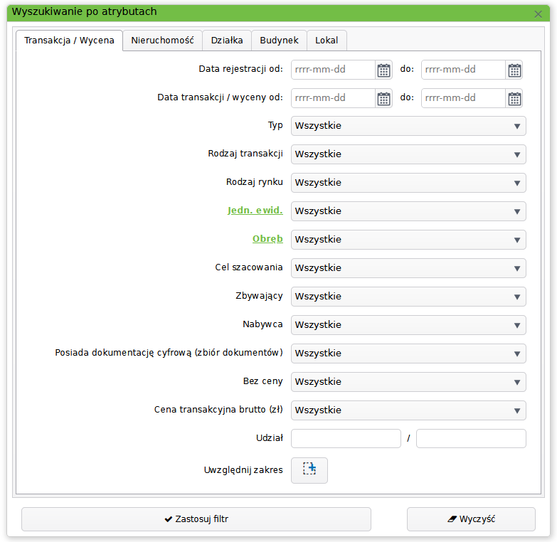 Widok okna wyszukiwania transakcji po atrybutach