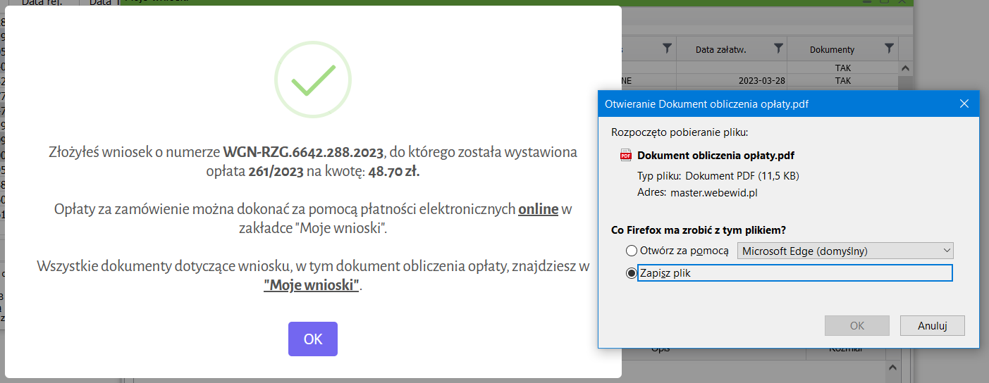 Widok okna potwierdzającego złożenie wniosku