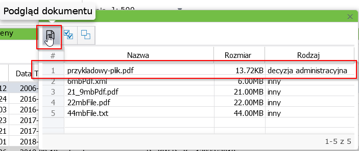 Widok okna z wylistowanymi dostępnymi plikami zbioru razem z opcjami menu